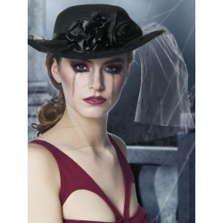 Dámska čierna čiapka so závojom a pavúkmi